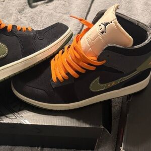 Jordan Black and Olive High-Top Sneakers with Orange Laces